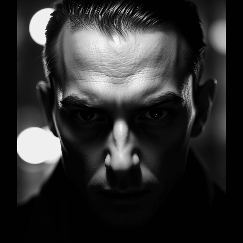 A dramatic black and white portrait of a person in a noir style.
