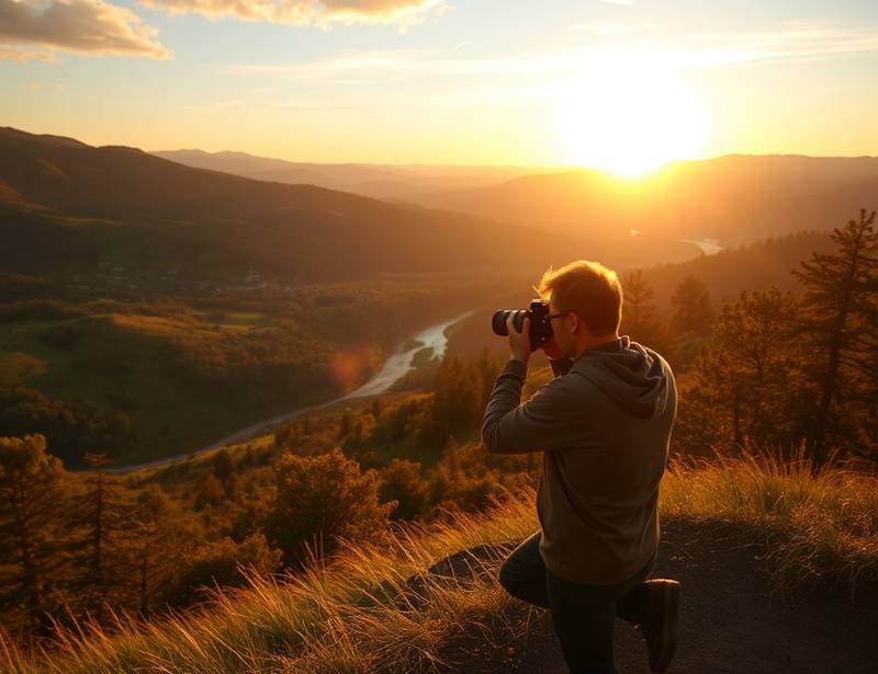A photographer taking a picture in a scenic landscape.