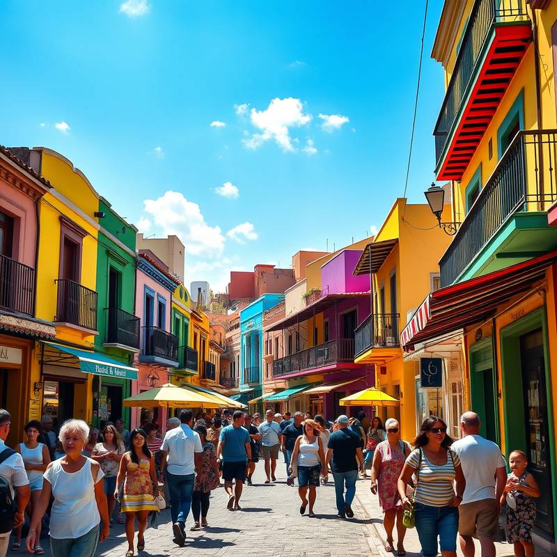 A vibrant street scene with people and architecture.