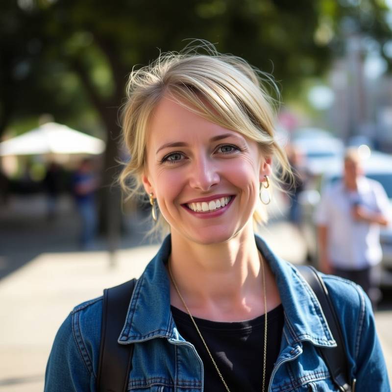 Portrait of Sarah Johnson, a Street & Documentary Photography Instructor with a warm smile and approachable demeanor.