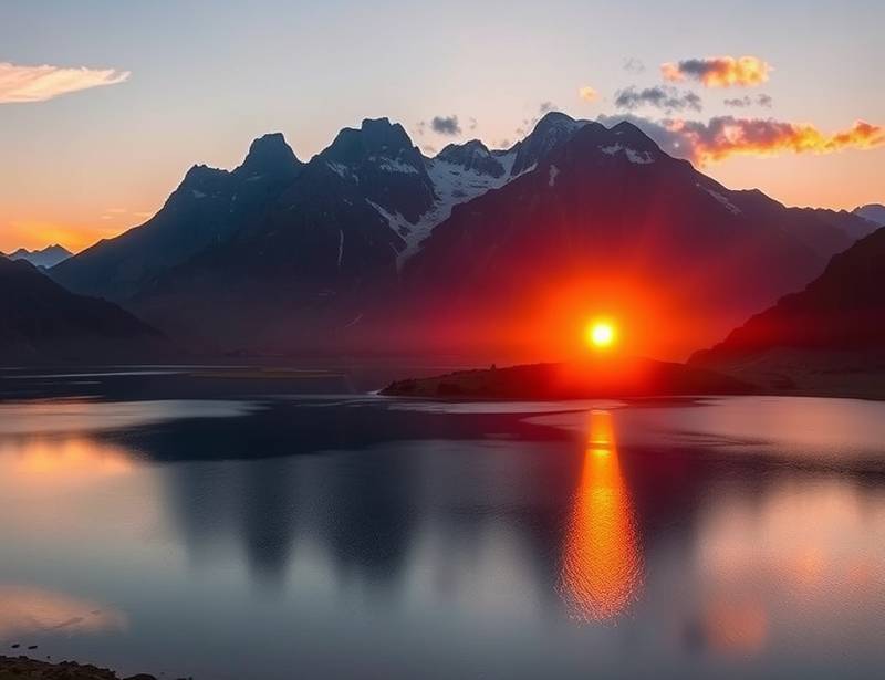 Stunning landscape photograph taken at sunset, depicting mountains and a lake.